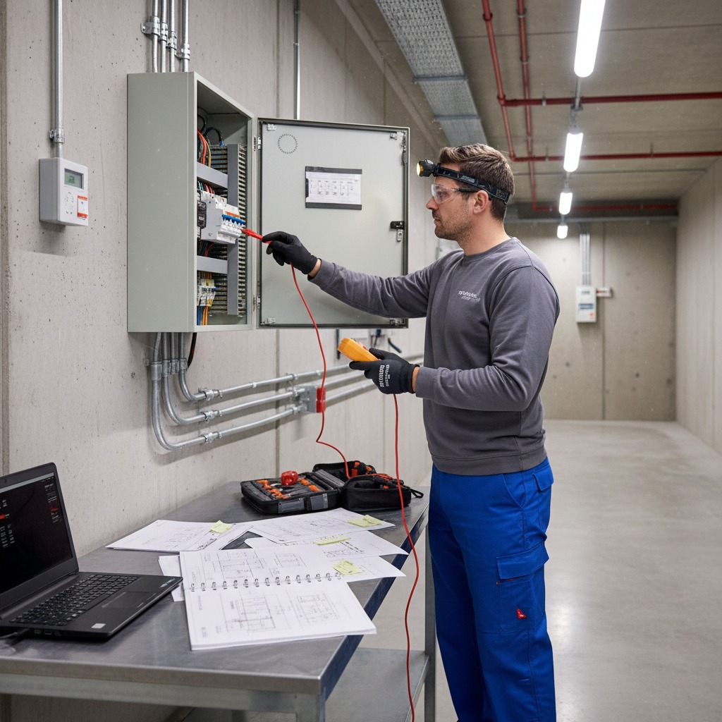 Elektryk w odzieży roboczej sprawdza miernikiem napięcie w otwartej rozdzielnicy elektrycznej zamontowanej na betonowej ścianie.